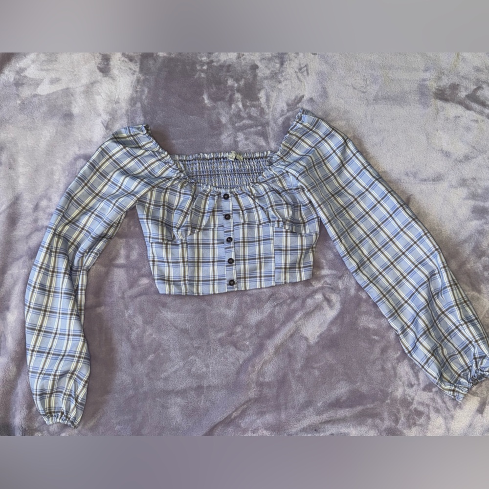 Love Tree Blue and White Checkered Crop Top